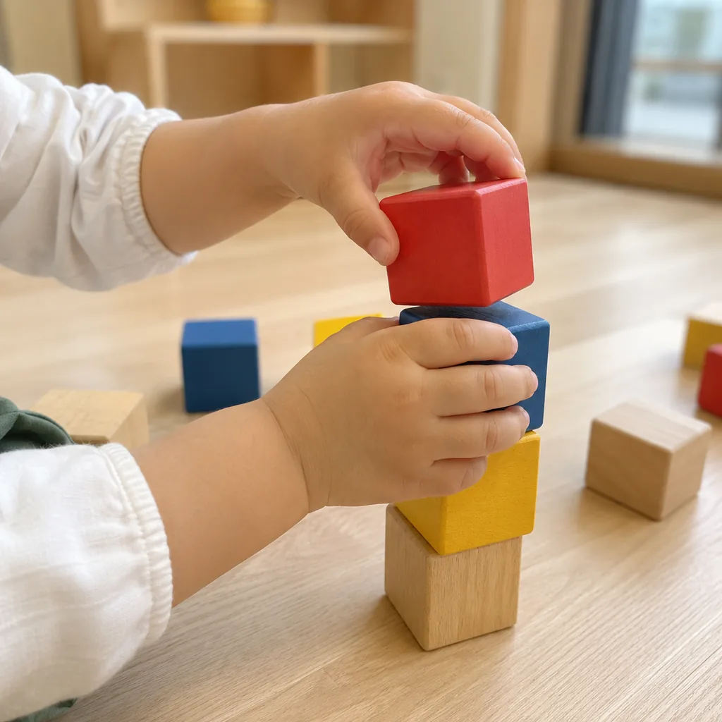 積み木を積み上げる子どもの手もと