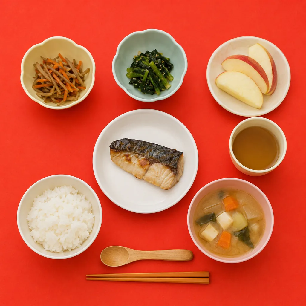 園の昼ごはんを上から並べた写真