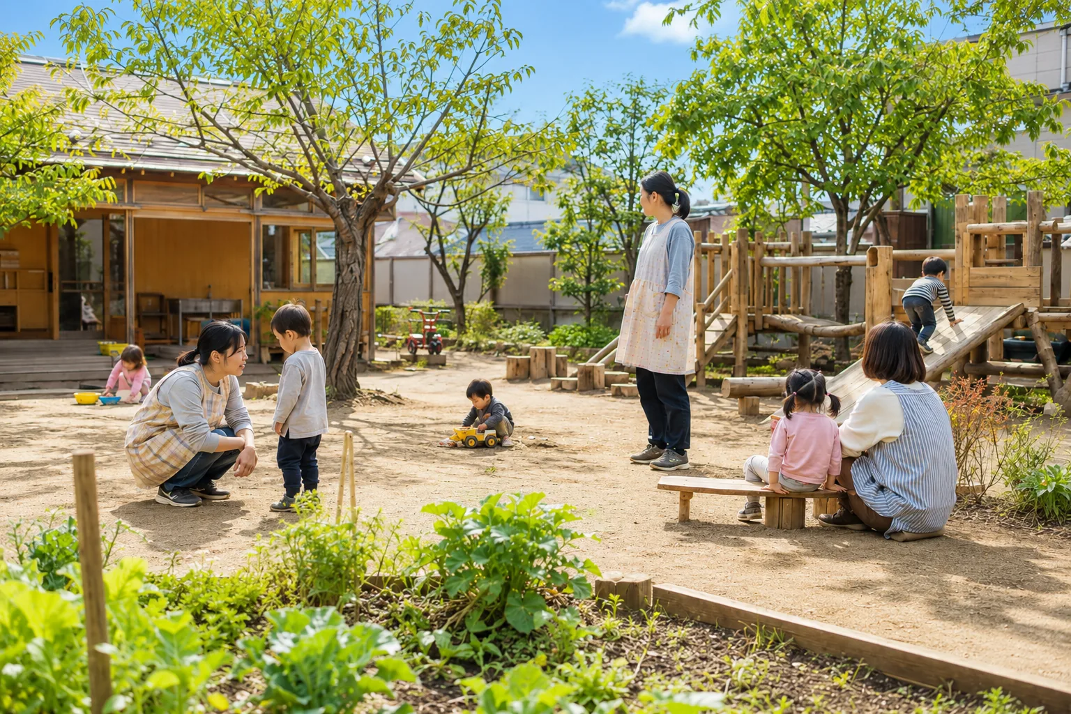 園庭で子どもと過ごす保育士たち